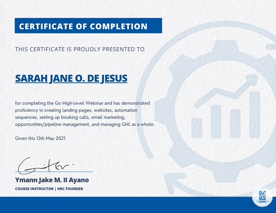 Certificate of completion for GoHighLevel training awarded to Pixie SJ