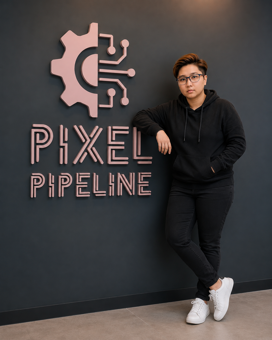 Pixie SJ standing beside the Pixel Pipeline logo